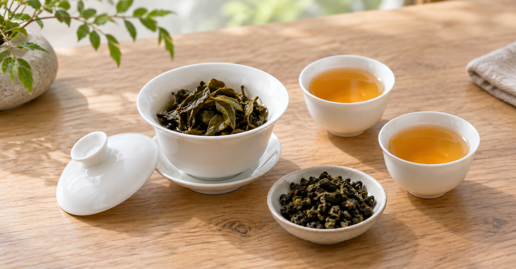 茶葉が開いた白い蓋碗と二つの湯飲み、乾燥した丸い烏龍茶葉のイメージ